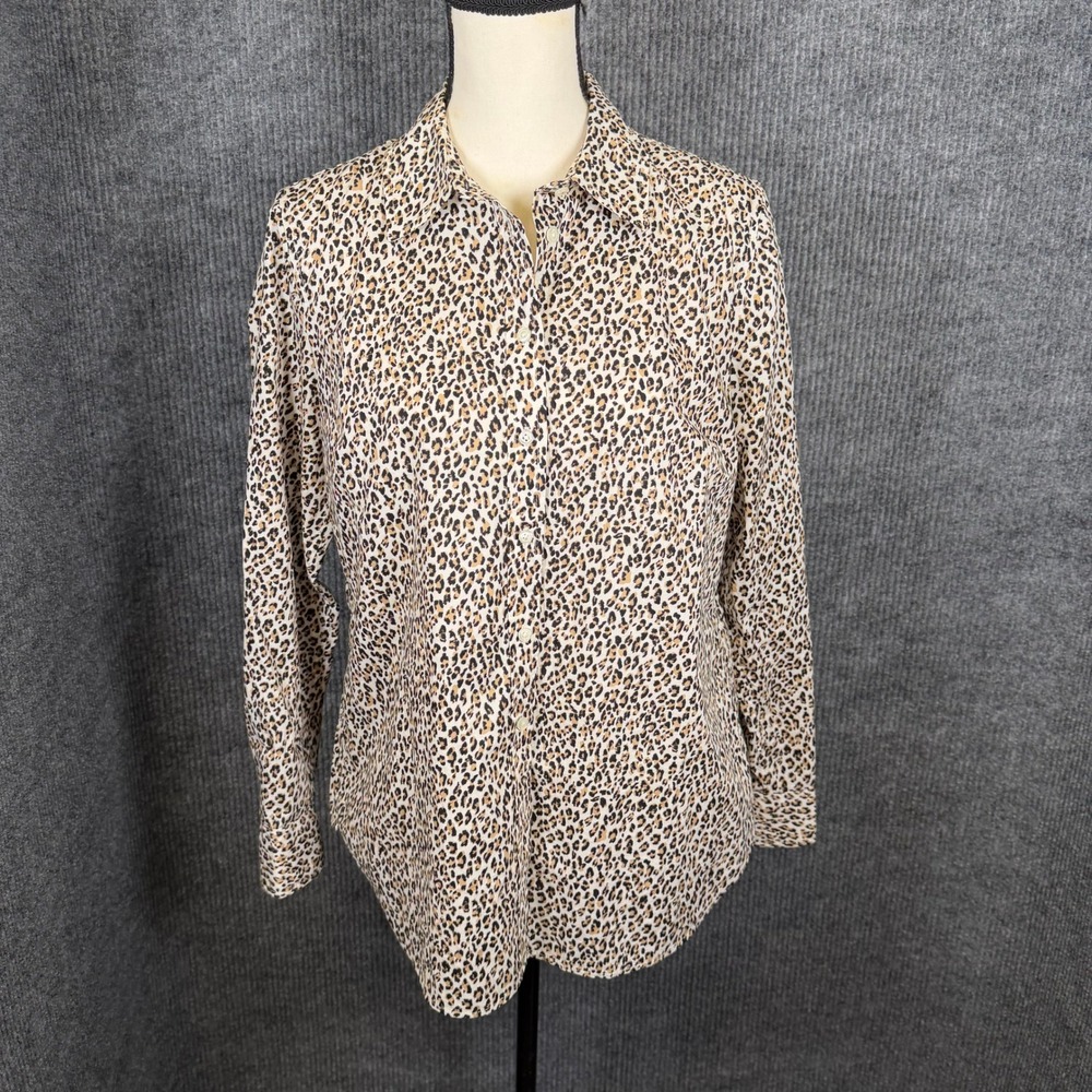Talbots Button Down Shirt Womens M Tan Leopard Long Sleeve Cotton Animal Print